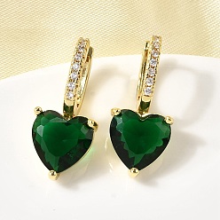 Морско-зеленый Серьги-кольца в форме сердца с микропаве из кубических цирконий из латуни, со стеклом, долговечный, стойки покрытие, золотые, цвета морской волны, 23.5x10.5x11.5 мм