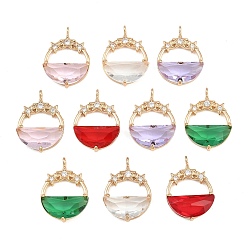 Mixed Color Brass Pave Cubic Zirconia Pendants, Round with Star Charms, Long-Lasting Plated, Golden, Mixed Color, 21x15x4.5mm, Hole: 1mm