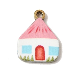 Pink Печатные 304 подвески из нержавеющей стали, прелести дома, золотые, розовые, 18x14x2 мм, отверстие : 1.8 мм