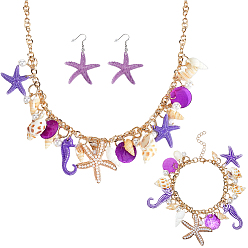 Mixed Color 1Pc Alloy & Resin & Plastic Imitation Pearl Charm Bracelets, 1Pair Starfish Resin Dangle Stud Earrings, with Iron Findings, 1Pc 304 Stainless Steel Enamel and Natural Shell Pendant Necklaces, Platinum & Golden, Mixed Color, Bracelets: 8.39 inch(21.3cm)