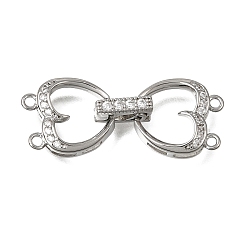 Platinum Heart Brass Micro Pave Clear Cubic Zirconia Fold Over Clasps, Nickel Free, Platinum, 29.5mm, Hole: 1.2mm