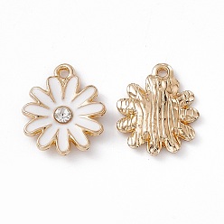 White Alloy Rhinestone Pendants, Enamel Style, Light Gold, Chrysanthemum Charm, White, 17x14x2.5mm, Hole: 1.5mm