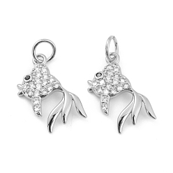 Платина Латунные микро проложить кубического циркония подвески, с прыжковых колец, долговечный, без кадмия и без свинца, рыба, платина, 16x9x2.5 мм, отверстие : 3.6 мм