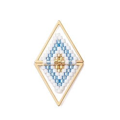 Синий Подвески-соединители из стеклянных бусин, ромбовидные звенья с 304 треугольными соединениями из нержавеющей стали, золотые, синие, 32.5x18.5x3 мм
