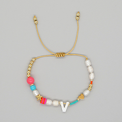 Letter V Initial Letter Natural Pearl Braided Bead Bracelet, Adjustable Bracelet, Letter V, 11 inch(28cm)