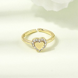 Настоящее золото 18K Латунные микропаве кубические цирконии манжеты открытые кольца для женщин, сердце, стойки покрытие, без кадмия и без свинца, долговечный, реальный 18 k позолоченный, 9x9.5 мм, внутренний диаметр: 16 мм