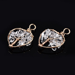 Хрусталь Природного кварца хрустальных подвесок, золотистая латунная проволока, дерево, сердце, 37~38.5x26~27x5.5~7.5 мм, отверстие : 4 мм