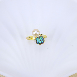 Shell Shape Натуральный пресноводный жемчуг с кольцами-манжетами из натуральных ракушек, золотые, формы раковины, внутренний диаметр: 15~19 мм