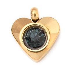 Синий Оттенок 304 прелести нержавеющей стали, с акриловыми стразами, граненые, очарование камня, сердце, золотые, синий оттенок, 8.2x7.2x3.2 мм, отверстие : 1 мм