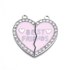 Pink Подвеска из сплава эмали, со стразами, без кадмия, без никеля и без свинца, платина, разбитое сердце со словом лучший друг, розовые, 31x30.5x2 мм, отверстие : 2 мм
