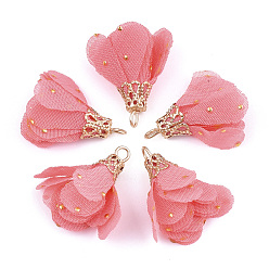 Licht Korallen Eisen Anhänger & Charms, mit Chiffon, Blume, golden, Licht Korallen, 23~28x20~30 mm, Bohrung: 1~3 mm