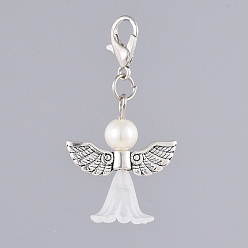 White Acrylic Pendants, with Glass Pearl Beads, Platinum Plated Zinc Alloy Lobster Claw Clasps and Antique Silver Plated Alloy Beads, Angel, White, 40mm
