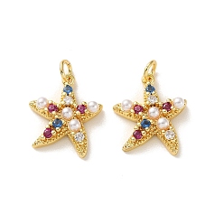 Real 18K Gold Plated Brass Micro Pave Cubic Zirconia Charms, with ABS Plastic Imitation Pearl Beads, Cadmium Free & Lead Free, Long-Lasting Plated, Rack Plating, Starfish Charms, Real 18K Gold Plated, 19x15x4.5mm, Hole: 3mm