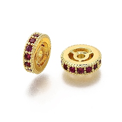 Фуксиновый Латунные микро проложить кубического циркония бусы, плоско-круглые, стойки покрытие, без кадмия и без свинца, долговечный, красно-фиолетовые, 8.5x2.5 мм, отверстие : 1.6 мм