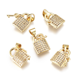 Золотой Латунные микро проложить кубического циркония прелести, со сменными под залог, замком и ключом, прозрачные, золотые, 12x8x2.5 мм, отверстия: 4x3.5 м