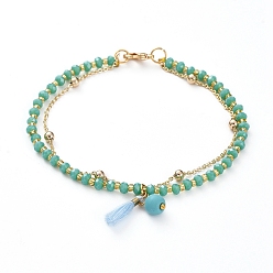 Synthetic Turquoise Multi-Strand Bracelets, with Synthetic Turquoise(Dyed) Beads and Glass Beads, Brass Cable Chains, Polycotton(Polyester Cotton) Tassel Pendants and Braided Nylon Thread, 7-1/2 inch(19.2cm)