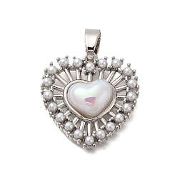 Платина Сердце стойки обшивки латунные подвески, с abs имитационными жемчужными бусинами , без свинца и без кадмия, долговечный, платина, 21.5x21.5x6.5 мм, отверстие : 6.5x3.5 мм