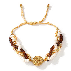 Кокосово-Коричневый Регулируемые браслеты из латуни, Браслеты из бисера и стеклянных бусин для женщин, плоские круглые с крестом, кокосового коричневый, 11.02 дюйм (28 см)