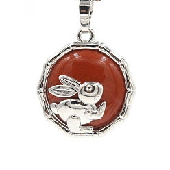 Red Agate Природные красной яшмы подвески, плоская круглая форма из латуни платинового цвета с подвесками в виде кролика, 25x10 мм