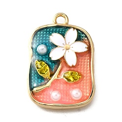 Белый Подвески из эмали и сплава, с ABS имитации жемчуга, Прямоугольник с цветком, стойки покрытие, долговечный, без свинца, без кадмии и без никеля, золотые, белые, 25x17x4 мм, отверстие : 2 мм