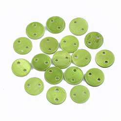 Yellow Green Spray Paint Freshwater Shell Links connectors, Flat Round, Yellow Green, 10x2mm, Hole: 1.4mm