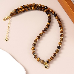 Золотой Ожерелья из круглых бусин из натурального тигрового глаза, латунь сердце кулон ожерелье, золотые, 15.35 дюйм (39 см)
