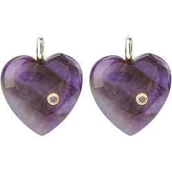 Amethyst 2Pcs Natural Amethyst Pendants, Heart Charms with Brass Micro Pave Clear Cubic Zirconia Findings, Golden, 30~32x25x8mm, Hole: 1.5mm