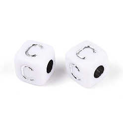 Letter C Непрозрачные акриловые бусины, куб с письмом, серебристого металла, обвитыми, буква С, 9~10x9~10x9~10 мм, отверстие : 4 мм, Около 625 шт / 500 г