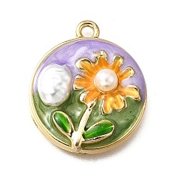 Лиловый Подвески из эмали и сплава, с ABS имитации жемчуга, плоские круглые с цветком, стойки покрытие, долговечный, без свинца, без кадмии и без никеля, золотые, сирень, 24x20.5x6 мм, отверстие : 1.8 мм