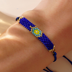 Синий Браслеты из стеклянных бусин, плетеные браслеты из полиэфирного шнура для женщин, цветок, синие, регулируемый
