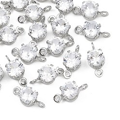 Clear SHEGRACE Brass Pave Cubic Zirconia Flat Round Connector Charms, Cadmium Free & Nickel Free & Lead Free, Long-Lasting Plated, Real Platinum Plated, Clear, 11x5x4mm, Hole: 1mm and 1.2mm