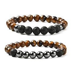 Mixed Stone Natural Tiger Eye & Lava Rock & Synthetic Hematitie Beads Stretch Bracelet Set, for Kids Teens Woman, Inner Diameter: 2 inch(5~5.5cm), 2pcs/set