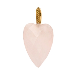 Rose Quartz Natural Rose Quartz Pendants, Faceted Heart Charms with Brass Findings, Golden, 27x12x7mm, Hole: 6.5x4mm