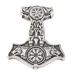 Античное Серебро 316 хирургические подвески из нержавеющей стали, Молот Тора с подвеской волка и вегвизира, античное серебро, 49x41x7.5 мм, отверстие : 5 мм