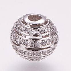 Platinum Brass Micro Pave Cubic Zirconia Beads, Round, Platinum, 10x9mm, Hole: 2.5mm
