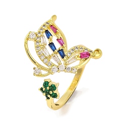 Настоящее золото 18K Открытое кольцо-манжета из стекла и циркония в форме бабочки, латунные кольца на палец для женщин, без кадмия, без никеля и без свинца, реальный 18 k позолоченный, внутренний диаметр: 16 мм