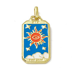 Sun Alloy Enamel Pendants, Rectangle, Tarot Pattern Charm, Golden, Dodger Blue, Sun Pattern, 26x14x2mm, Hole: 2x3mm