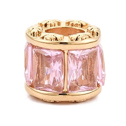 Розовый 304 Европейские бусины из нержавеющей стали с кубическим цирконием, колонка, бусины с большим отверстием, вакуумное покрытие pvd, реальный 18 k позолоченный, туманная роза, 11.5x13x11.5 мм, отверстие : 6x5 мм