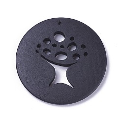 Black Wood Big Pendants, Flat Round with Tree, Dyed, Black, 49.5~50.5x4.5~5mm, Hole: 1.5mm