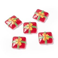 Red Christmas Themed Opaque Resin Cabochons, Square Gift Box, Red, 18.5x19x4.5mm