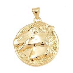 Золотой Латунные подвески, плоская круглая форма с подвесками в виде головы лошади, золотые, 27x24x4 мм, отверстие : 3x5 мм