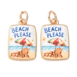 Golden Printed Brass Pendants, Rectangle with Beach & Chair Charms, Colorful, Golden, 20x12.5x2mm, Hole: 4mm