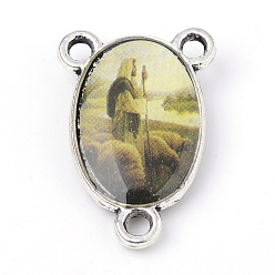 Желто-Зеленый Сплав ссылки люстра компонент, 3 Разъемы петли, центральная часть четок, без кадмия и без свинца, на Пасху, овальные с Иисусом, античное серебро, желто-зеленый, 23x15x4 мм, отверстие : 2 мм