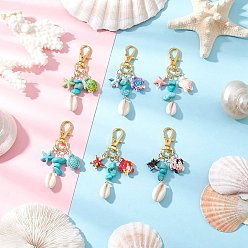 Золотой Синтетическая бирюзовая морская звезда черепаха подвеска украшения, с поворотными застежками-карабинами из сплава и бусинами из натуральных ракушек каури, золотые, 78 мм, 6 шт / комплект