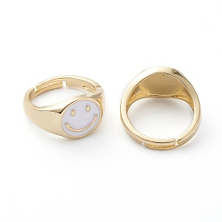 White Adjustable Brass Enamel Finger Rings, Long-Lasting Plated, Smiling Face, Real 18K Gold Plated, White, US Size 7 1/4(17.5mm)