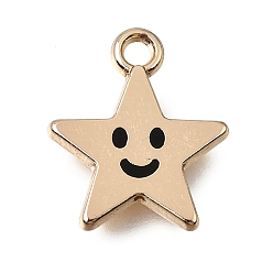 Black Alloy with Enamel Charms, Star with Smiling Face Charms, Rack Plating, Golden, Black, 14x12x1.5mm, Hole: 1.6mm