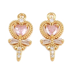 Pink Brass Micro Pave Cubic Zirconia Pendants, Heart with Bowknot Charms, Real 18K Gold Plated, Pink, 17x8x4mm, Hole: 1.3mm