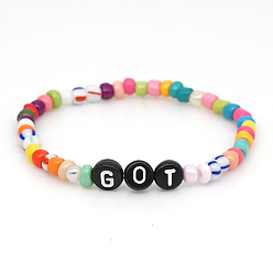 Colorful Rainbow Acrylic & Glass Beads Stretch Bracelets, Word GOT Charm Bracelets for Women, Colorful, 6.89 inch(17.5cm)
