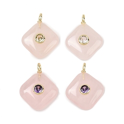 Розовый Кварц Природного розового кварца подвески, Подвески в виде ромбов с золотистой латунной микропаве из кубических цирконий разных цветов, 22.5~23.5x17.5x5.5~7 мм, отверстие : 2.5x1.5 мм