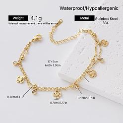 Clover 304 Stainless Steel Pave Clear Cubic Zirconia Charm 2-Strand Bracelets for Women, Golden, Clover, 6.69 inch(17cm)